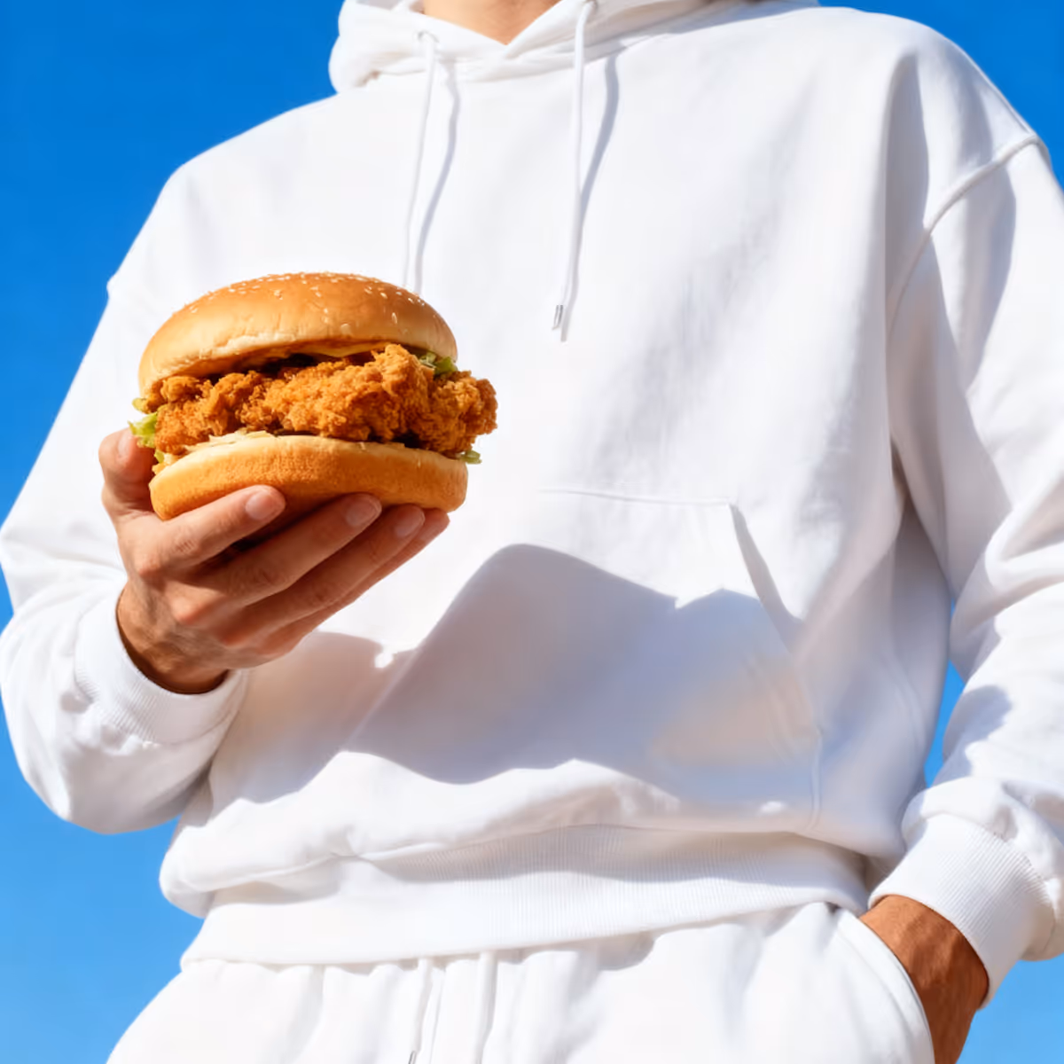 Person in white hoodie holding a fried chicken sandwich against a clear blue sky.